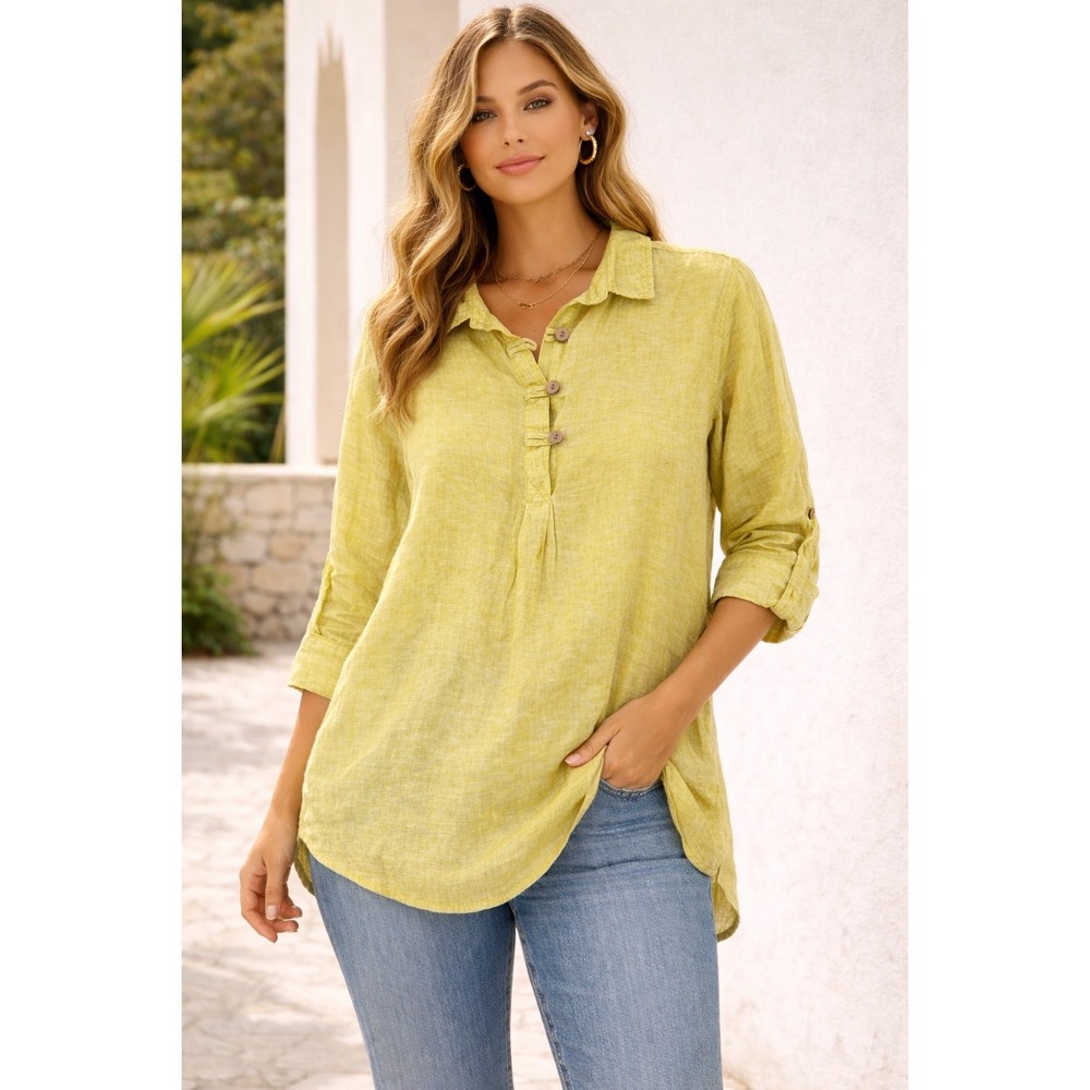 Sigrid Olsen Womens 100% Linen Tunic Top Chartreuse Yellow Button Tab Sleeve S - Picture 1 of 10